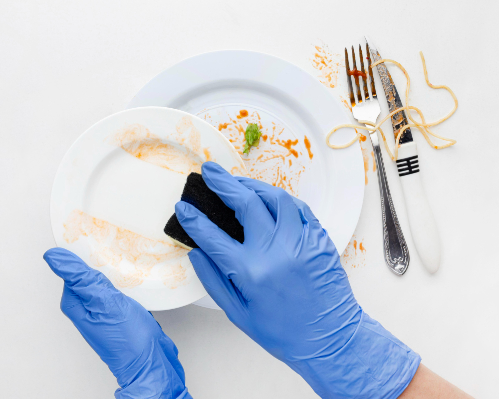 Gli 8 migliori piatti per ristoranti secondo RiS, piatti, ristorante, piatti sporchi, mani, guanti, mani che lavano piatti sporchi, tecniche di lavaggio dei piatti