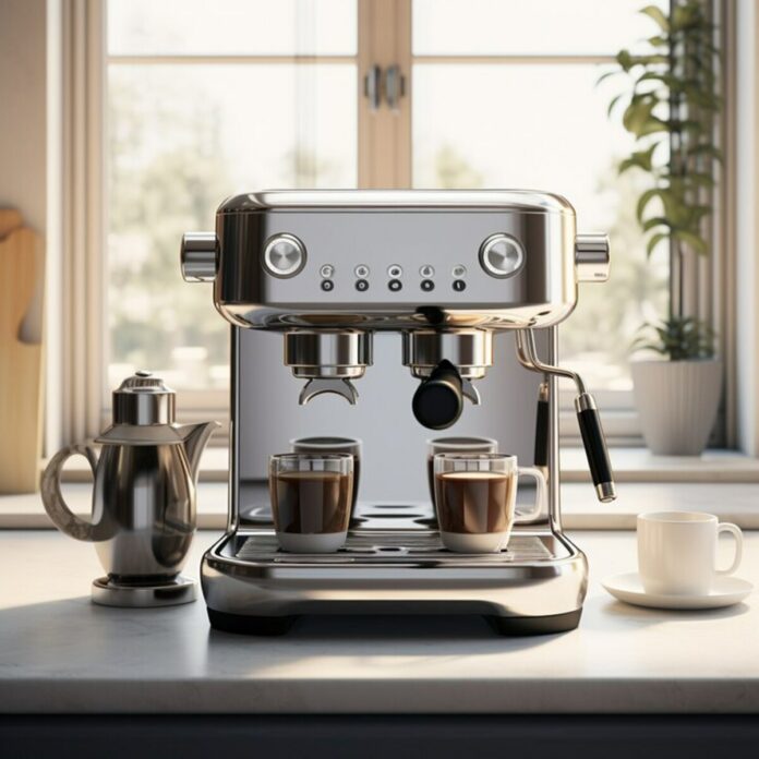 le migliori macchine da caffè con cappuccinatore, macchina del caffè, cappuccino, macchina del caffè con due tazze di cappuccino, una tazza di caffè sul piano di una cucina moderna