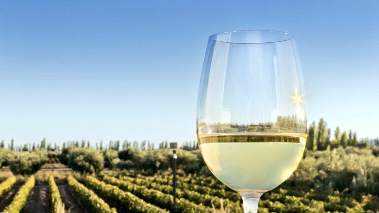Migliori vini bianchi siciliani, calice di vino bianco sullo sfondo di un vitigno